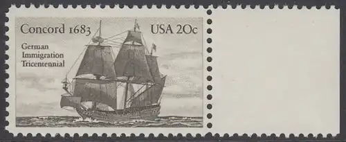 USA Michel 1628 / Scott 2040 postfrisch EINZELMARKE RAND rechts - Jahrestag der Einwanderung der ersten Deutschen in Amerika: Einwanderer-Segelschiff Concord (1683)