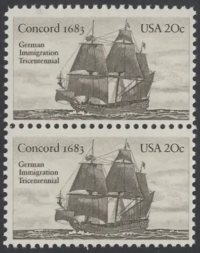 USA Michel 1628 / Scott 2040 postfrisch vert.PAAR - Jahrestag der Einwanderung der ersten Deutschen in Amerika: Einwanderer-Segelschiff Concord (1683)