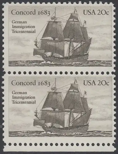 USA Michel 1628 / Scott 2040 postfrisch vert.PAAR RAND unten - Jahrestag der Einwanderung der ersten Deutschen in Amerika: Einwanderer-Segelschiff Concord (1683)