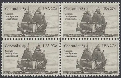 USA Michel 1628 / Scott 2040 postfrisch BLOCK - Jahrestag der Einwanderung der ersten Deutschen in Amerika: Einwanderer-Segelschiff Concord (1683)