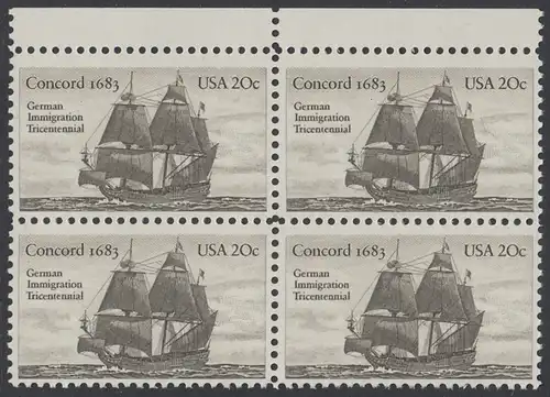 USA Michel 1628 / Scott 2040 postfrisch BLOCK RÄNDER oben - Jahrestag der Einwanderung der ersten Deutschen in Amerika: Einwanderer-Segelschiff Concord (1683)