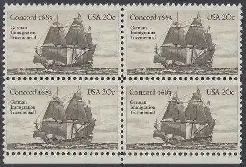 USA Michel 1628 / Scott 2040 postfrisch BLOCK RÄNDER unten - Jahrestag der Einwanderung der ersten Deutschen in Amerika: Einwanderer-Segelschiff Concord (1683)