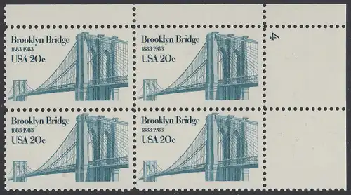 USA Michel 1630 / Scott 2041 postfrisch PLATEBLOCK ECKRAND oben rechts m/ Platten-# 4 - Brooklyn Bridge, New York