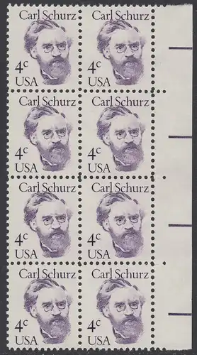 USA Michel 1632 / Scott 1847 postfrisch vert.BLOCK(8) RÄNDER rechts (a2) - Amerikanische Persönlichkeiten: Carl Schurz (1829-1906), Politiker
