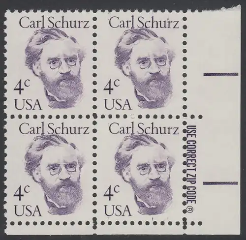 USA Michel 1632 / Scott 1847 postfrisch ZIP-BLOCK (lr/a1) - Amerikanische Persönlichkeiten: Carl Schurz (1829-1906), Politiker