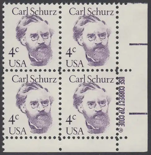 USA Michel 1632 / Scott 1847 postfrisch ZIP-BLOCK (lr/a2) - Amerikanische Persönlichkeiten: Carl Schurz (1829-1906), Politiker