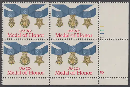 USA Michel 1633 / Scott 2045 postfrisch PLATEBLOCK ECKRAND unten rechts m/ Platten-# 2 - Verdienstmedaillen des Heeres, der Marine und der Luftwaffe