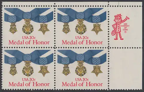 USA Michel 1633 / Scott 2045 postfrisch ZIP-BLOCK (ur) - Verdienstmedaillen des Heeres, der Marine und der Luftwaffe