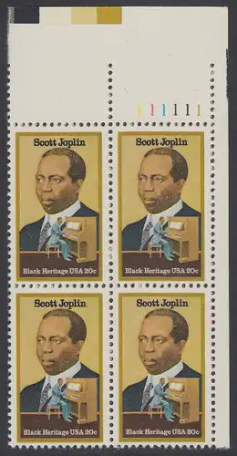USA Michel 1634 / Scott 2044 postfrisch PLATEBLOCK ECKRAND oben rechts m/ Platten-# 111111 (b) - Schwarzamerikanisches Erbe: Scott Joplin, Musiker