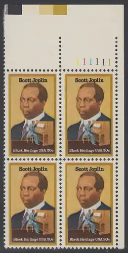 USA Michel 1634 / Scott 2044 postfrisch PLATEBLOCK ECKRAND oben rechts m/ Platten-# 111111 (a) - Schwarzamerikanisches Erbe: Scott Joplin, Musiker
