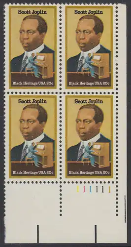 USA Michel 1634 / Scott 2044 postfrisch PLATEBLOCK ECKRAND unten rechts m/ Platten-# 111111 - Schwarzamerikanisches Erbe: Scott Joplin, Musiker