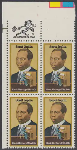 USA Michel 1634 / Scott 2044 postfrisch ZIP-BLOCK (ul) - Schwarzamerikanisches Erbe: Scott Joplin, Musiker