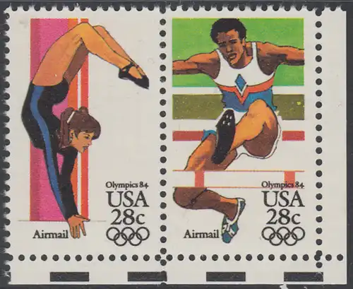 USA Michel 1636+1637 / Scott C101+C102 postfrisch horiz.PAAR ECKRAND unten rechts - Olympische Sommerspiele 1984, Los Angeles