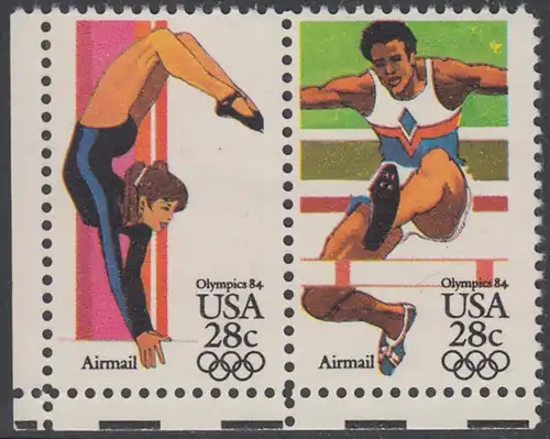 USA Michel 1636+1637 / Scott C101+C102 postfrisch horiz.PAAR ECKRAND unten links - Olympische Sommerspiele 1984, Los Angeles