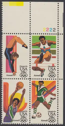 USA Michel 1636-1639 / Scott C101-C104 postfrisch PLATEBLOCK ECKRAND oben rechts m/ Platten-# 2222 (b) - Olympische Sommerspiele 1984, Los Angeles