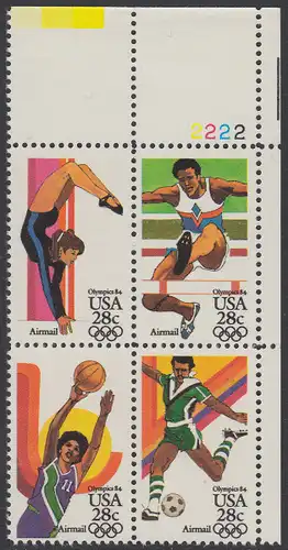 USA Michel 1636-1639 / Scott C101-C104 postfrisch PLATEBLOCK ECKRAND oben rechts m/ Platten-# 2222 (c) - Olympische Sommerspiele 1984, Los Angeles