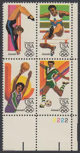 USA Michel 1636-1639 / Scott C101-C104 postfrisch PLATEBLOCK ECKRAND unten rechts m/ Platten-# 2222 (b) - Olympische Sommerspiele 1984, Los Angeles