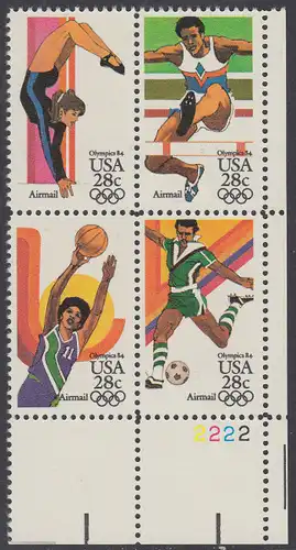 USA Michel 1636-1639 / Scott C101-C104 postfrisch PLATEBLOCK ECKRAND unten rechts m/ Platten-# 2222 (a) - Olympische Sommerspiele 1984, Los Angeles