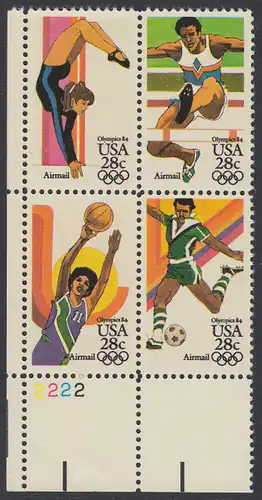 USA Michel 1636-1639 / Scott C101-C104 postfrisch PLATEBLOCK ECKRAND unten links m/ Platten-# 2222 (b) - Olympische Sommerspiele 1984, Los Angeles
