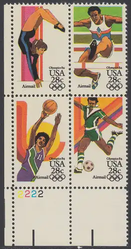 USA Michel 1636-1639 / Scott C101-C104 postfrisch PLATEBLOCK ECKRAND unten links m/ Platten-# 2222 (c) - Olympische Sommerspiele 1984, Los Angeles