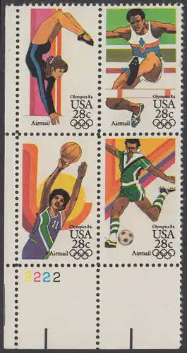USA Michel 1636-1639 / Scott C101-C104 postfrisch PLATEBLOCK ECKRAND unten links m/ Platten-# 2222 (d) - Olympische Sommerspiele 1984, Los Angeles