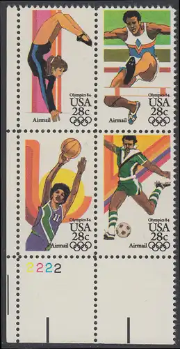USA Michel 1636-1639 / Scott C101-C104 postfrisch PLATEBLOCK ECKRAND unten links m/ Platten-# 2222 (a) - Olympische Sommerspiele 1984, Los Angeles