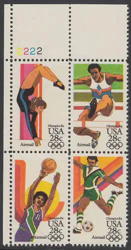 USA Michel 1636-1639 / Scott C101-C104 postfrisch PLATEBLOCK ECKRAND oben links m/ Platten-# 2222 (b) - Olympische Sommerspiele 1984, Los Angeles