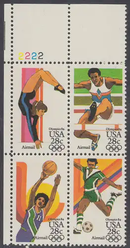 USA Michel 1636-1639 / Scott C101-C104 postfrisch PLATEBLOCK ECKRAND oben links m/ Platten-# 2222 (a) - Olympische Sommerspiele 1984, Los Angeles