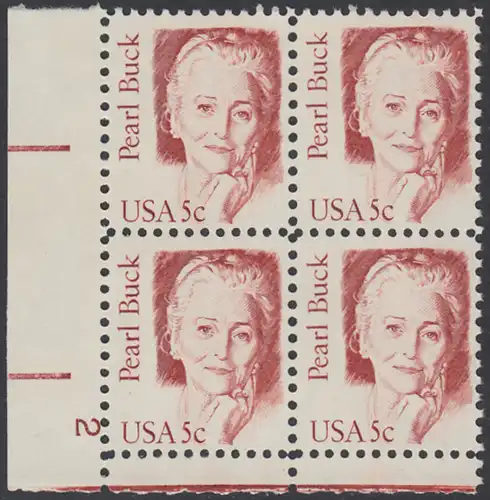 USA Michel 1640 / Scott 1848 postfrisch PLATEBLOCK ECKRAND unten links m/ Platten-# 2 (b) - Amerikanische Persönlichkeiten: Pearl Buck, eigentl. Pearl Walsh (1892-1973), Schriftstellerin, Nobelpreis 1938