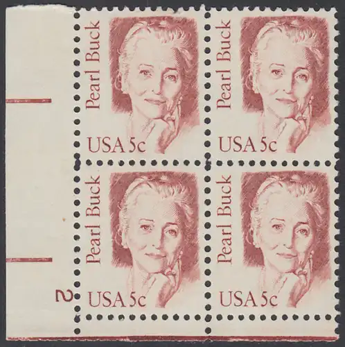 USA Michel 1640 / Scott 1848 postfrisch PLATEBLOCK ECKRAND unten links m/ Platten-# 2 (a) - Amerikanische Persönlichkeiten: Pearl Buck, eigentl. Pearl Walsh (1892-1973), Schriftstellerin, Nobelpreis 1938