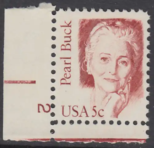 USA Michel 1640 / Scott 1848 postfrisch EINZELMARKE ECKRAND unten links m/ Platten-# 2 - Amerikanische Persönlichkeiten: Pearl Buck, eigentl. Pearl Walsh (1892-1973), Schriftstellerin, Nobelpreis 1938