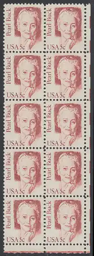 USA Michel 1640 / Scott 1848 postfrisch vert.BLOCK(10) ECKRAND unten rechts - Amerikanische Persönlichkeiten: Pearl Buck, eigentl. Pearl Walsh (1892-1973), Schriftstellerin, Nobelpreis 1938