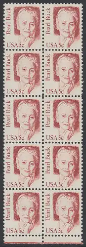 USA Michel 1640 / Scott 1848 postfrisch vert.BLOCK(10) RÄNDER unten - Amerikanische Persönlichkeiten: Pearl Buck, eigentl. Pearl Walsh (1892-1973), Schriftstellerin, Nobelpreis 1938