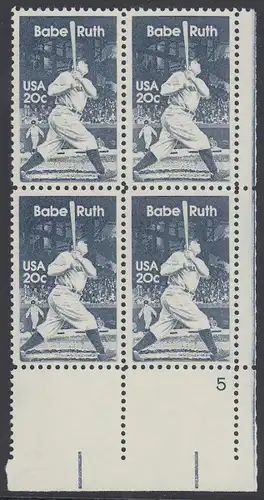 USA Michel 1641 / Scott 2046 postfrisch PLATEBLOCK ECKRAND unten rechts m/ Platten-# 5 - George Herman -Babe- Ruth (1895-1948), Baseballspieler