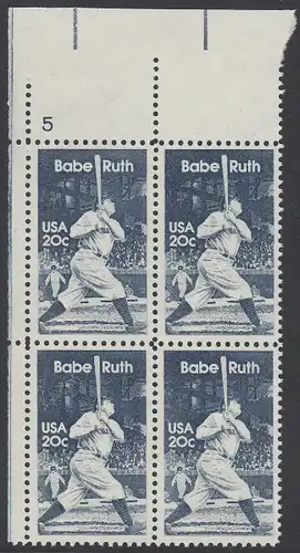USA Michel 1641 / Scott 2046 postfrisch PLATEBLOCK ECKRAND oben links m/ Platten-# 5 - George Herman -Babe- Ruth (1895-1948), Baseballspieler