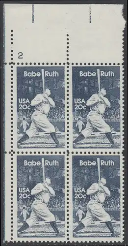 USA Michel 1641 / Scott 2046 postfrisch PLATEBLOCK ECKRAND oben links m/ Platten-# 2 - George Herman -Babe- Ruth (1895-1948), Baseballspieler