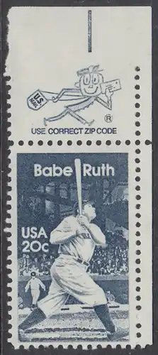 USA Michel 1641 / Scott 2046 postfrisch EINZELMARKE ECKRAND oben rechts m/ ZIP-Emblem - George Herman -Babe- Ruth (1895-1948), Baseballspieler