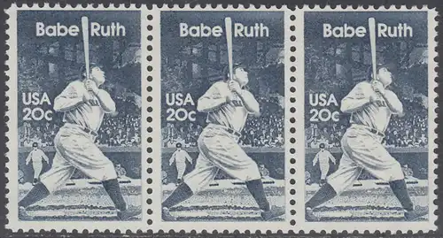 USA Michel 1641 / Scott 2046 postfrisch horiz.STRIP(3) - George Herman -Babe- Ruth (1895-1948), Baseballspieler