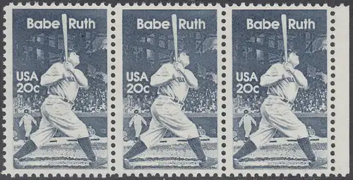 USA Michel 1641 / Scott 2046 postfrisch horiz.STRIP(3) RAND rechts - George Herman -Babe- Ruth (1895-1948), Baseballspieler