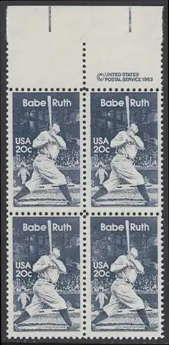 USA Michel 1641 / Scott 2046 postfrisch BLOCK RÄNDER oben m/ copyright system - George Herman -Babe- Ruth (1895-1948), Baseballspieler