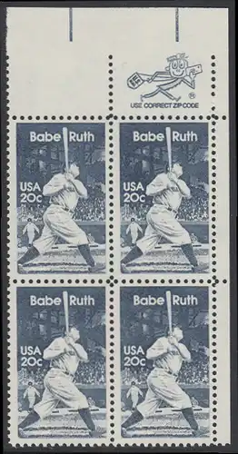 USA Michel 1641 / Scott 2046 postfrisch ZIP-BLOCK (ur) - George Herman -Babe- Ruth (1895-1948), Baseballspieler