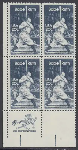 USA Michel 1641 / Scott 2046 postfrisch ZIP-BLOCK (ll) - George Herman -Babe- Ruth (1895-1948), Baseballspieler