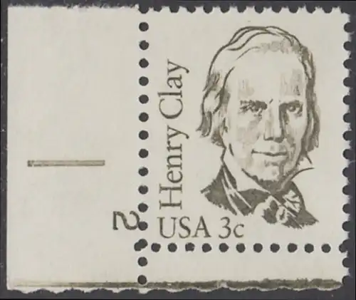 USA Michel 1643 / Scott 1846 postfrisch EINZELMARKE ECKRAND unten links m/ Platten-# 2 - Amerikanische Persönlichkeiten: Henry Clay (1777-1852), Politiker