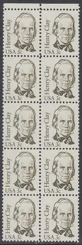 USA Michel 1643 / Scott 1846 postfrisch vert.BLOCK(10) RÄNDER oben - Amerikanische Persönlichkeiten: Henry Clay (1777-1852), Politiker