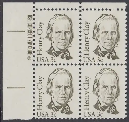 USA Michel 1643 / Scott 1846 postfrisch ZIP-BLOCK (ul) - Amerikanische Persönlichkeiten: Henry Clay (1777-1852), Politiker
