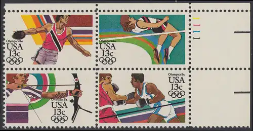 USA Michel 1644-1647 / Scott 2048-2051 postfrisch PLATEBLOCK ECKRAND oben rechts m/ Platten-# 1111 (b) - Olympische Sommerspiele 1984, Los Angeles