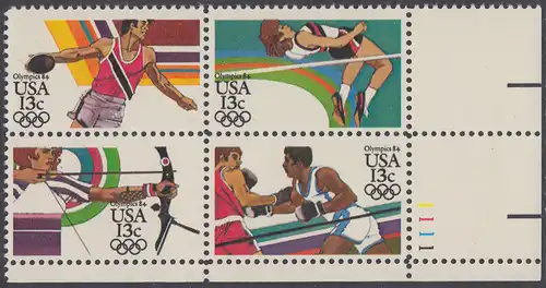 USA Michel 1644-1647 / Scott 2048-2051 postfrisch PLATEBLOCK ECKRAND unten rechts m/ Platten-# 1111 (a) - Olympische Sommerspiele 1984, Los Angeles