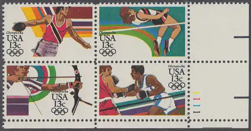 USA Michel 1644-1647 / Scott 2048-2051 postfrisch PLATEBLOCK ECKRAND unten rechts m/ Platten-# 1111 (c) - Olympische Sommerspiele 1984, Los Angeles