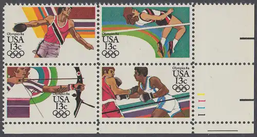 USA Michel 1644-1647 / Scott 2048-2051 postfrisch PLATEBLOCK ECKRAND unten rechts m/ Platten-# 1111 (d) - Olympische Sommerspiele 1984, Los Angeles