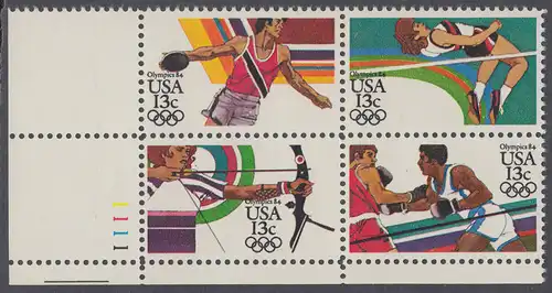 USA Michel 1644-1647 / Scott 2048-2051 postfrisch PLATEBLOCK ECKRAND unten links m/ Platten-# 1111 (c) - Olympische Sommerspiele 1984, Los Angeles